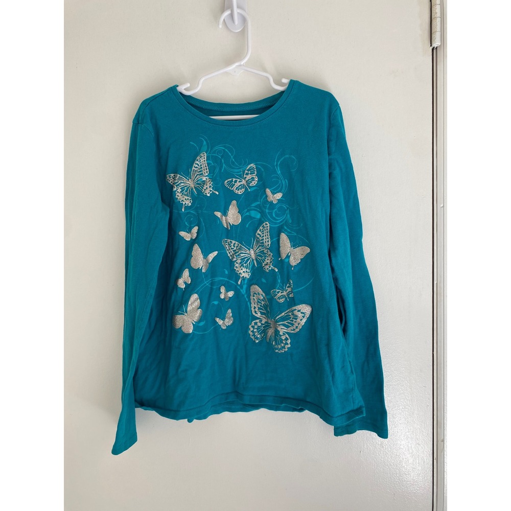 Place Butterfly Graphic Long Sleeve Top Girls Size XL(14) Teal